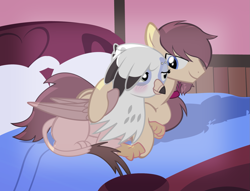 Size: 1577x1207 | Tagged: source needed, safe, artist:radiantrealm, oc, oc only, oc:ginger feathershy, oc:rory kenneigh, species:griffon, bed, bedroom, blushing, claws, cuddling, eyebrow piercing, featherneigh, female, holding hands, holding hooves, interspecies, jewelry, male, piercing, pillow, shipping, show accurate, snuggling, straight, wings