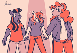 Size: 500x346 | Tagged: safe, artist:rwl, character:pinkie pie, character:sunset shimmer, character:twilight sparkle, species:anthro, ship:sunsetpie, ship:sunsetsparkle, ship:twinkie, awkward, chubby, fat, female, group sex, holding hands, lesbian, limited palette, ot3, polyamory, shipping, size difference, sunlightpie, sweat, threesome