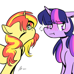 Size: 500x500 | Tagged: safe, artist:rwl, character:sunset shimmer, character:twilight sparkle, species:pony, ship:sunsetsparkle, :t, awkward, blushing, female, imminent kissing, kissing, kissy face, lesbian, shipping, tsundere, tsunlight sparkle
