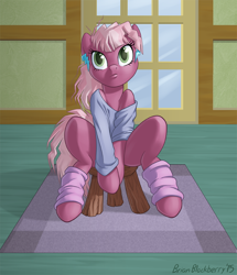 Size: 720x837 | Tagged: safe, artist:brianblackberry, character:cheerilee, species:earth pony, species:pony, g4, 80s, 80s cheerilee, bottomless, clothing, female, flashdance, leg warmers, mare, partial nudity, shirt, signature, sitting, solo, stool, younger