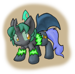 Size: 1280x1258 | Tagged: safe, artist:zutcha, oc, oc only, oc:blacklight, species:bat pony, species:changeling, species:pony, fanfic:founders of alexandria, bat pony oc, bat wings, changeling oc, changeling queen, changeling queen oc, cutie mark, fanfic, fanfic art, fangs, female, hooves, horn, illustration, magic, mare, ponies after people, shapeshifting, solo, transformation, wings
