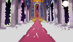 Size: 10000x5800 | Tagged: safe, artist:magister39, absurd resolution, background, broken glass, canterlot, canterlot throne room, destruction, moon, night, no pony, pillar, post-apocalyptic, ruins, scenery, stained glass, throne, throne room, window
