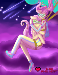 Size: 2975x3850 | Tagged: safe, artist:ladypixelheart, character:fluttershy, species:human, acrophobia, air ponyville, boob smothering, clothing, cute, goggles, hug, human ponidox, humanized, jumpsuit, parachute, ponidox, scared, shyabetes, skydiving