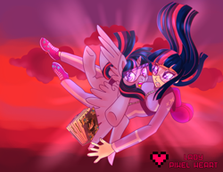 Size: 3850x2975 | Tagged: safe, artist:ladypixelheart, character:twilight sparkle, character:twilight sparkle (alicorn), species:alicorn, species:human, air ponyville, book, clothing, falling, goggles, human ponidox, humanized, jumpsuit, parachute, ponidox, skydiving