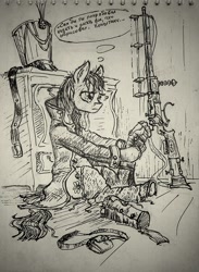 Size: 585x800 | Tagged: safe, artist:agm, species:earth pony, species:pony, clothing, gun, military uniform, monochrome, russian, solo, traditional art, undressing