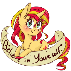 Size: 2000x2000 | Tagged: safe, artist:silbersternenlicht, character:sunset shimmer, species:pony, species:unicorn, banner, blushing, female, heart, looking at you, mare, old banner, positive message, positive ponies, simple background, solo, transparent background