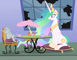 Size: 6000x4658 | Tagged: safe, artist:magister39, character:discord, character:fluttershy, character:princess celestia, absurd resolution, bad end, bonsai, broken horn, broken window, canterlot, chair, decapitated, fluttertree, implied murder, insanity, messy mane, open mouth, petrification, pillow, plant tf, severed head, sitting, snaplestia, solo, statue, table, tea, teacup, transformation, tree, window