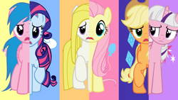 Size: 1600x900 | Tagged: safe, artist:blah23z, edit, character:applejack, character:applejack (g1), character:firefly, character:fluttershy, character:pinkie pie, character:posey, character:rainbow dash, character:rarity, character:sparkler (g1), character:surprise, character:twilight sparkle, species:pony, episode:magical mystery cure, g1, g4, my little pony: friendship is magic, female, g1 six, g1 to g4, generation leap, mane six, mare, recolor, surprisamena, what my cutie mark is telling me