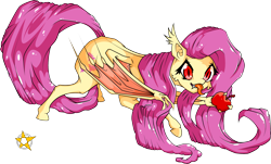 Size: 2952x1780 | Tagged: safe, artist:amberpendant, character:flutterbat, character:fluttershy, species:bat pony, species:pony, apple, female, simple background, solo, transparent background