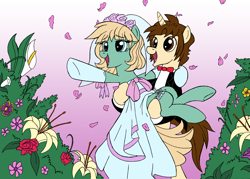 Size: 3508x2508 | Tagged: safe, artist:edcom02, artist:jmkplover, species:earth pony, species:pony, species:unicorn, bridal carry, bride, clothing, crossover, dress, female, flower, gwen stacy, male, marriage, peter parker, ponified, shipping, spider-gwen, spider-man, spiders and magic: rise of spider-mane, straight, tuxedo, wedding, wedding dress