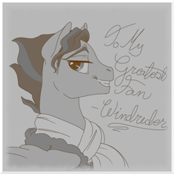 Size: 1054x1054 | Tagged: safe, artist:sourcherry, character:wind rider, species:pegasus, species:pony, episode:rarity investigates, g4, my little pony: friendship is magic, autograph, clothing, grayscale, male, monochrome, photo, scarf, smiling, solo, stallion, younger