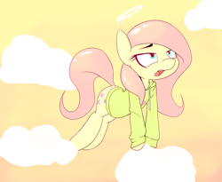 Size: 1920x1577 | Tagged: safe, artist:hoodie, character:fluttershy, belly, clothing, cloud, female, gradient background, halo, hoodie, sky, solo
