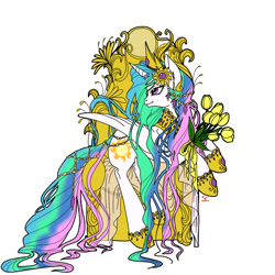 Size: 1220x1220 | Tagged: safe, artist:sourcherry, character:princess celestia, species:alicorn, species:pony, alphonse mucha, bedroom eyes, female, flower, head turn, jewelry, long mane, long tail, looking back, mare, modern art, nouveau, raised leg, rearing, simple background, smiling, solo, tulip, white background, wings