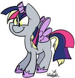 Size: 1379x1438 | Tagged: safe, artist:befishproductions, character:derpy hooves, species:alicorn, species:pegasus, species:pony, episode:scare master, g4, my little pony: friendship is magic, alicorn costume, alicornified, clothing, costume, derpicorn, fake alicorn, fake horn, fake wings, female, mare, nightmare night, nightmare night costume, race swap, signature, simple background, smiling, solo, that was fast, toilet paper roll, toilet paper roll horn, transparent background, twilight muffins, twilight sparkle costume, wig