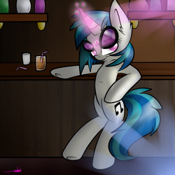 Size: 1000x1000 | Tagged: safe, artist:ashee, character:dj pon-3, character:vinyl scratch, species:pony, bar, bipedal, drink, female, magic, solo
