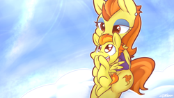 Size: 1920x1080 | Tagged: safe, artist:dshou, character:spitfire, character:stormy flare, species:pegasus, species:pony, episode:rarity investigates, g4, my little pony: friendship is magic, bedroom eyes, cloud, cloudy, cute, cutefire, dawwww, ear piercing, eyeshadow, female, filly, hnnng, lap, lidded eyes, looking up, makeup, mare, mother and daughter, open mouth, piercing, sitting, smiling, that was fast, younger