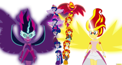 Size: 6538x3477 | Tagged: safe, artist:conikiblasu-fan, character:daydream shimmer, character:midnight sparkle, character:sunset satan, character:sunset shimmer, character:twilight sparkle, character:twilight sparkle (alicorn), character:twilight sparkle (scitwi), species:alicorn, species:eqg human, episode:my past is not today, episode:the science of magic, equestria girls:friendship games, equestria girls:rainbow rocks, g4, my little pony: equestria girls, my little pony:equestria girls, absurd resolution, bare shoulders, clothing, crystal prep academy, crystal prep academy uniform, crystal prep shadowbolts, daydream shimmer, demon, dress, duo, element of magic, fall formal, fall formal outfits, glasses, lab coat, leather jacket, microphone, midnight sparkle, open mouth, ponied up, school uniform, signature, skirt, sleeveless, strapless, sunset satan, sunset the science gal, welcome to the show, wings