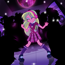 Size: 1024x1024 | Tagged: safe, artist:radiantrealm, character:lemon zest, equestria girls:friendship games, g4, my little pony: equestria girls, my little pony:equestria girls, bow tie, clothing, crystal prep academy, crystal prep academy uniform, crystal prep shadowbolts, cute, dancing, disco ball, eyes closed, female, fist, headphones, plaid skirt, pleated skirt, rave, school uniform, shoes, show accurate, skirt, socks, solo