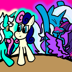 Size: 511x510 | Tagged: safe, artist:dragonpone, derpibooru original, character:bon bon, character:lyra heartstrings, character:sweetie drops, character:trixie, character:twilight sparkle, character:twilight sparkle (alicorn), species:alicorn, species:pony, ship:lyrabon, ship:twixie, :t, angry, argument, date, eyes closed, female, lesbian, looking at each other, mare, open mouth, pink background, shipping, simple background, spread wings, table, wings