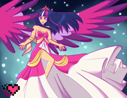 Size: 3850x2975 | Tagged: safe, artist:ladypixelheart, character:twilight sparkle, character:twilight sparkle (alicorn), species:alicorn, species:human, clothing, colored pupils, dress, female, humanized, side slit, solo, winged humanization, wings