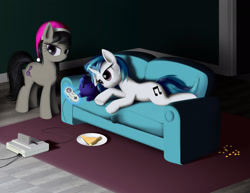 Size: 2560x1978 | Tagged: safe, artist:styroponyworks, character:dj pon-3, character:octavia melody, character:princess luna, character:vinyl scratch, blob ponies, cheez-it, clothing, controller, couch, female, hat, magic, nightcap, nintendo, pizza, plushie, super nintendo, telekinesis