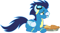 Size: 8900x5000 | Tagged: safe, artist:chainchomp2, character:soarin', species:pegasus, species:pony, episode:rarity investigates, g4, my little pony: friendship is magic, .svg available, absurd resolution, eating, food, goggles, male, pie, prone, puffy cheeks, simple background, solo, stallion, that pony sure does love pies, transparent background, vector, wonderbolts uniform