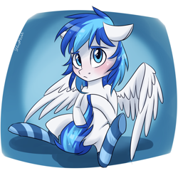 Size: 2000x2000 | Tagged: safe, artist:silbersternenlicht, oc, oc only, oc:rainy, species:pegasus, species:pony, blue eyes, blushing, clothing, confused, covering, floppy ears, frown, looking at you, male, sitting, socks, solo, spread legs, spread wings, striped socks, tail covering, wings
