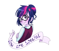 Size: 2300x2000 | Tagged: safe, artist:silbersternenlicht, character:twilight sparkle, character:twilight sparkle (scitwi), species:eqg human, equestria girls:friendship games, g4, my little pony: equestria girls, my little pony:equestria girls, banner, clothing, crossed arms, crystal prep academy, crystal prep academy uniform, crystal prep shadowbolts, female, glasses, looking back, motivational, positive message, positive ponies, school uniform, solo, text