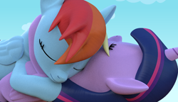 Size: 3000x1733 | Tagged: safe, artist:waveywaves, character:rainbow dash, character:twilight sparkle, character:twilight sparkle (alicorn), species:alicorn, species:pony, ship:twidash, 3d, blender, cuddling, female, holding, lesbian, mare, shipping, snuggling