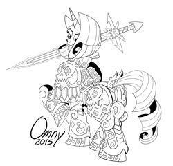 Size: 1000x959 | Tagged: safe, artist:omny87, character:rarity, species:pony, species:unicorn, armor, black and white, chaos space marine, commission, crossover, fabulous, female, gem, grayscale, iron warriors, mare, monochrome, power armor, power sword, signature, simple background, solo, sword, warhammer (game), warhammer 40k, weapon, white background