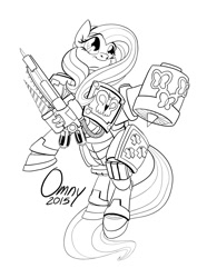 Size: 1000x1347 | Tagged: safe, artist:omny87, character:fluttershy, species:pegasus, species:pony, armor, black and white, chaos space marine, commission, crossover, female, grayscale, iron warriors, mare, monochrome, narthecium, power armor, signature, simple background, solo, turbine, warhammer (game), warhammer 40k, white background
