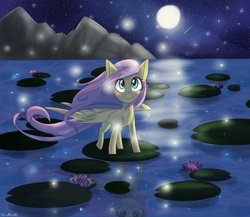 Size: 2300x2000 | Tagged: safe, artist:silbersternenlicht, character:fluttershy, female, firefly, full moon, lake, moon, mountain, night sky, reflection, shooting star, signature, solo, spread wings, stars, wings