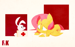 Size: 1979x1239 | Tagged: safe, artist:fluttershythekind, character:angel bunny, character:fluttershy, bandage, black eye, blood, first aid kit, injured, lying down, medic, prone, scrapes