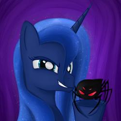 Size: 1000x1000 | Tagged: safe, artist:cheshiresdesires, character:princess luna, species:alicorn, species:pony, episode:luna eclipsed, g4, my little pony: friendship is magic, female, grin, looking at you, mare, smiling, spider