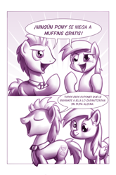 Size: 900x1362 | Tagged: safe, artist:moonlitbrush, character:derpy hooves, character:doctor whooves, character:time turner, species:pony, comic:unintentionally spreading happiness, comic, cute, eyes closed, male, monochrome, open mouth, smiling, spanish, stallion, translation, translator:the-luna-fan