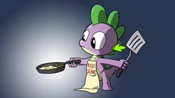 Size: 1280x720 | Tagged: safe, artist:petirep, character:spike, species:dragon, apron, bacon and eggs, clothing, frying pan, gradient background, kiss the cook, male, naked apron, rainbow dash presents, solo, spatula