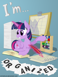 Size: 3000x4000 | Tagged: safe, artist:stinkehund, part of a set, character:twilight sparkle, character:twilight sparkle (alicorn), species:alicorn, species:pony, abacus, book, calendar, chart, feather, female, fluffy, magic, paper, solo