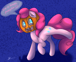 Size: 3758x3051 | Tagged: safe, artist:wolfy-pony, character:pinkie pie, dialogue, female, glowing eyes, halloween, happy, holiday, jack-o-lantern, mask, open mouth, pumpkin, signature, solo, speech bubble, talking, text