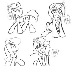 Size: 1514x1374 | Tagged: safe, artist:capseys, character:dj pon-3, character:octavia melody, character:vinyl scratch, coffee, monochrome, sketch