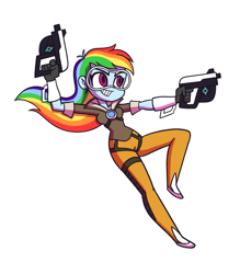 Size: 1225x1400 | Tagged: safe, artist:khuzang, character:rainbow dash, my little pony:equestria girls, female, goggles, latin american, overwatch, rainbow tracer, solo, tracer, voice actor joke, weapon
