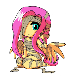 Size: 1024x1123 | Tagged: safe, artist:khuzang, artist:reikosketch, character:fluttershy, ambiguous facial structure, bandage, belly button, clothing, collaboration, costume, cute, female, halloween, holiday, midriff, mummy, no nose, shyabetes, simple background, smiling, solo, white background