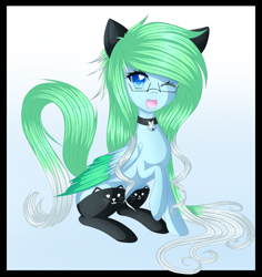 Size: 1024x1085 | Tagged: safe, artist:fluffymaiden, oc, oc only, oc:amaranthine sky, species:pegasus, species:pony, bell, bell collar, bow, cat, cat socks, catgirl, clothing, collar, costume, female, glasses, heart eyes, one eye closed, piercing, sitting, socks, solo, stockings, wingding eyes, wink