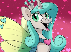 Size: 1050x774 | Tagged: safe, artist:pixel-prism, character:queen chrysalis, crown, dark mirror universe, female, glasses, happy, heart, jewelry, open mouth, peytral, regalia, reversalis, smiling, solo