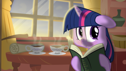 Size: 3001x1688 | Tagged: safe, artist:eagle1division, artist:stinkehund, character:twilight sparkle, :>, book, crepuscular rays, cute, female, floppy ears, golden oaks library, hot chocolate, looking at you, morning ponies, quill, reading, scroll, sitting, smiling, solo, teacup, twiabetes, window
