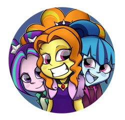 Size: 1024x987 | Tagged: safe, artist:midnightpremiere, character:adagio dazzle, character:aria blaze, character:sonata dusk, my little pony:equestria girls, circle, close-up, grin, portrait, the dazzlings