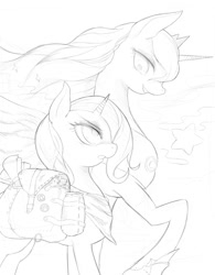 Size: 935x1200 | Tagged: safe, artist:girlsay, character:princess luna, character:trixie, species:pony, species:unicorn, female, grayscale, mare, monochrome
