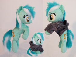 Size: 4608x3448 | Tagged: safe, artist:epicrainbowcrafts, character:lyra heartstrings, beanie (plushie), clothing, dig the swell hoodie, hoodie, irl, photo, plushie, solo