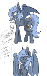Size: 1024x1640 | Tagged: safe, artist:codras, oc, oc only, oc:panne, species:bat pony, species:pony, drink, female, mare, mouth hold, simple background, solo, transparent background