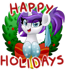 Size: 1500x1635 | Tagged: safe, artist:partylikeanartist, oc, oc only, oc:indigo wire, bell, bow, christmas, cute, gradient hooves, happy holidays, holly, merry christmas, ponytail, ribbon, simple background, solo, transparent background, wreath, ych result