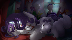 Size: 1920x1079 | Tagged: safe, artist:noben, character:opalescence, character:rarity, species:pony, species:unicorn, episode:suited for success, g4, my little pony: friendship is magic, art of the dress, clothing, dark, dress, gala dress, glasses, horn, magic, mannequin, ponyquin, scene interpretation, sleeping, working